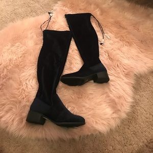 Navy Blue Velvet Kneehigh Boots